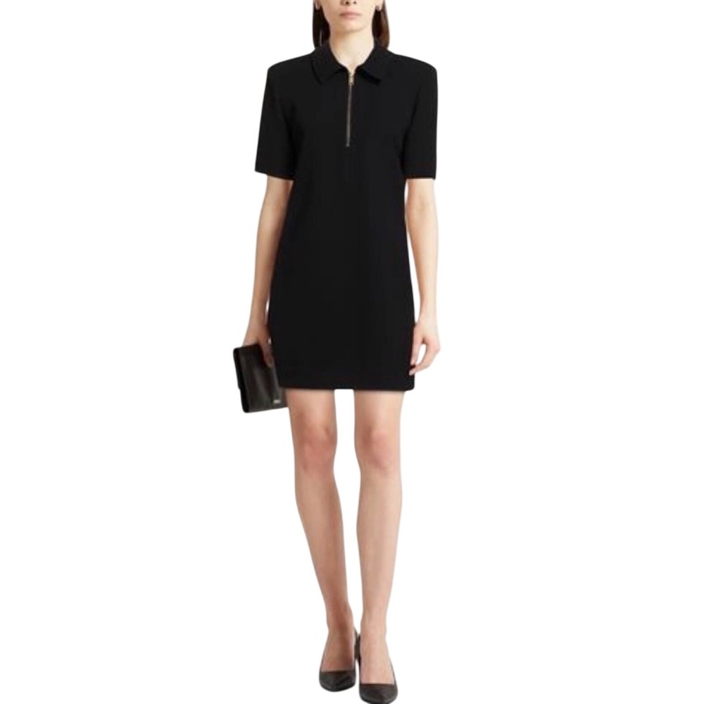 TORY BURCH Crepe Polo Mini Dress Size 10 Black Gold Zipper Minimalist Designer